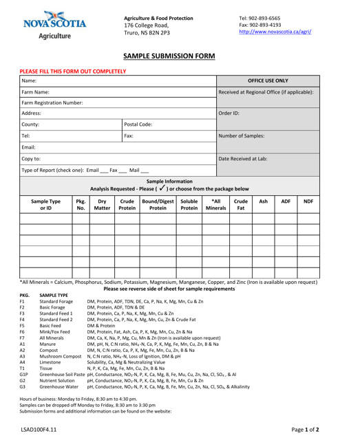 Form LSAD100F4.11 Sample Submission Form - Nova Scotia, Canada