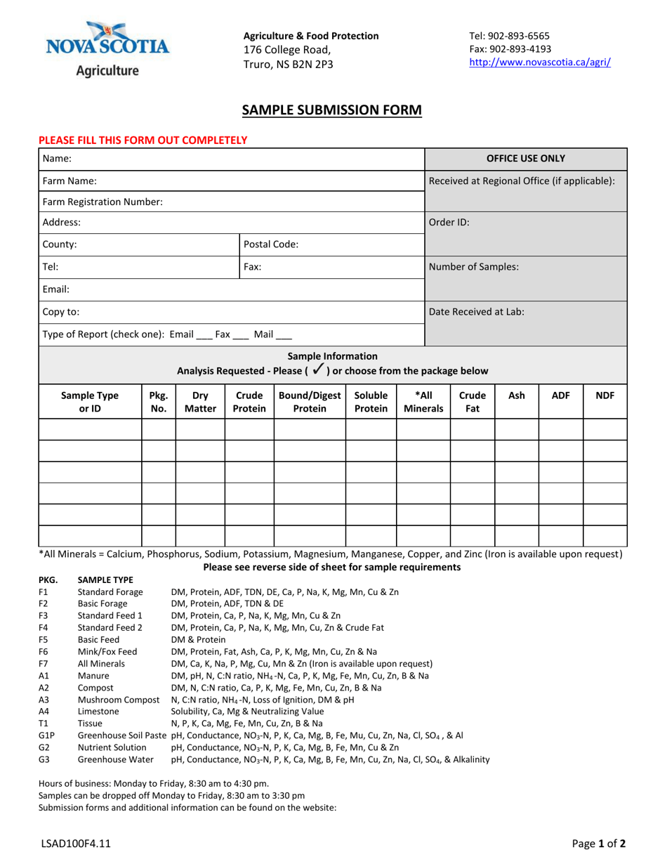 Form LSAD100F4.11 Sample Submission Form - Nova Scotia, Canada, Page 1