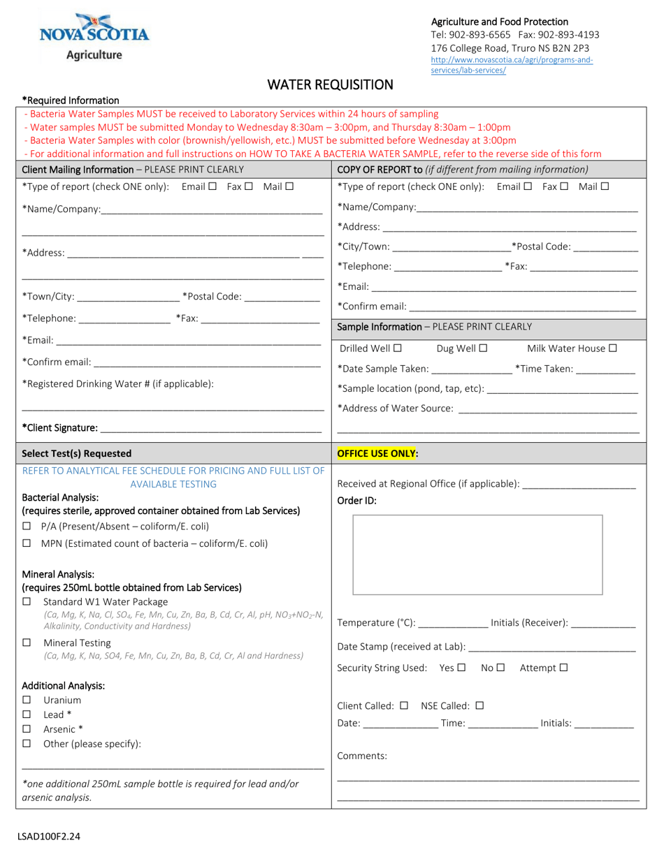 Form LSAD100F2.24 Water Requisition - Nova Scotia, Canada, Page 1