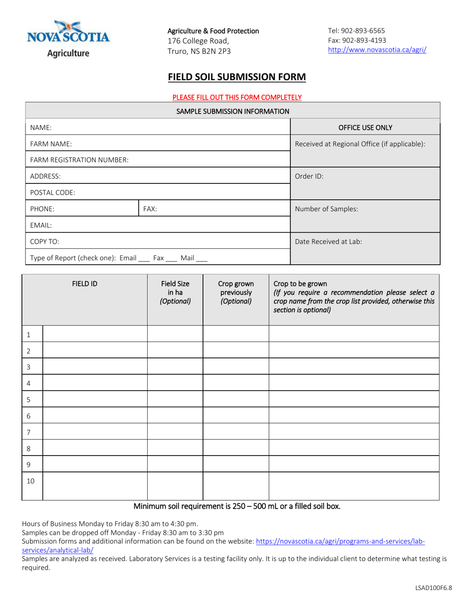 Form LSAD100F6.8 Field Soil Submission Form - Nova Scotia, Canada, Page 1