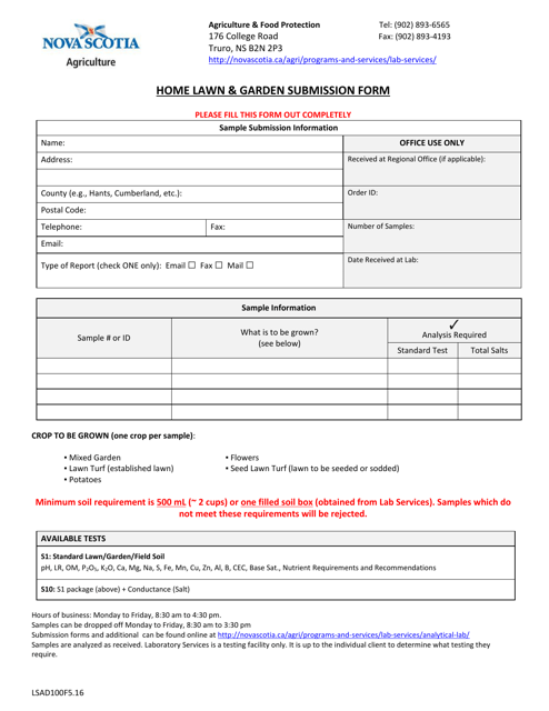 Form LSAD100F5.16 Home Lawn & Garden Submission Form - Nova Scotia, Canada