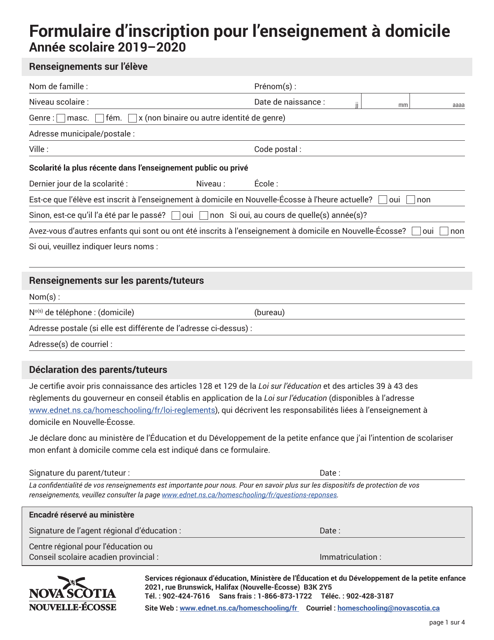 Formulaire D'inscription Pour L'enseignement a Domicile - Nova Scotia, Canada (French) Download Pdf
