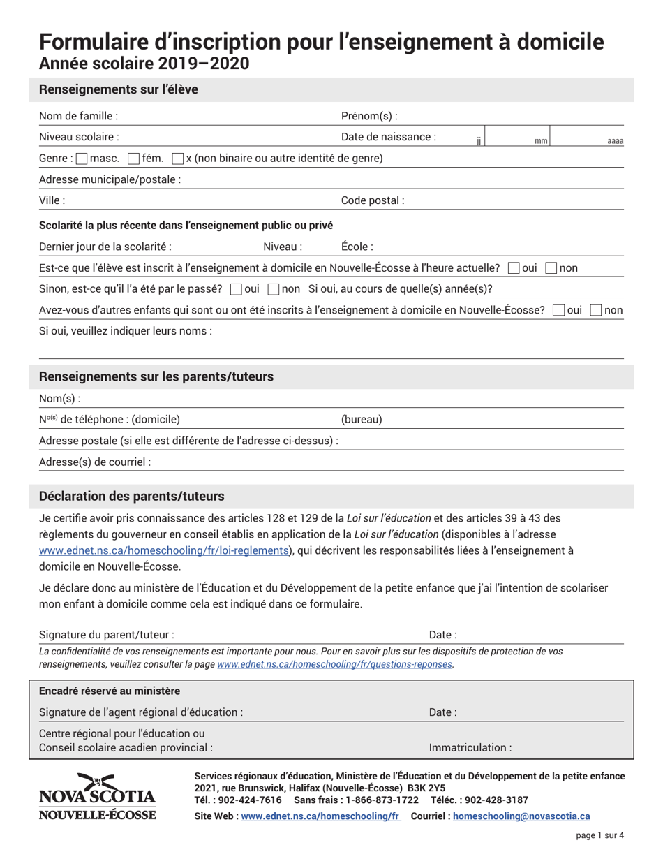 2020 Nova Scotia Canada Formulaire D'inscription Pour L'enseignement a