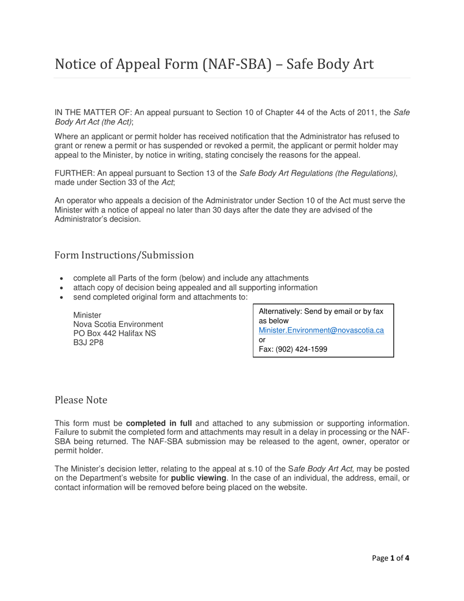 Notice of Appeal Form - Safe Body Art - Nova Scotia, Canada, Page 1