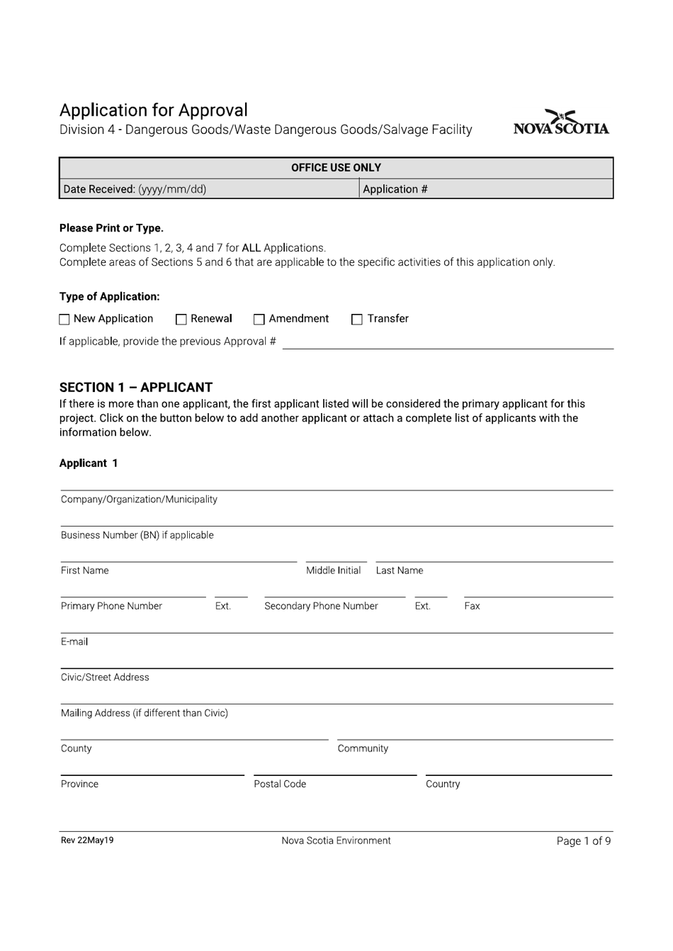 Application for Approval - Dangerous Goods / Waste Dangerous Goods / Salvage Facility - Nova Scotia, Canada, Page 1