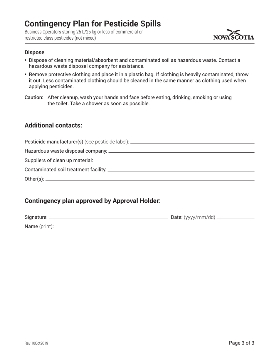 Contingency Plan Template for Pesticide Spills for Business Operators With 25 L / Kg or Less - Nova Scotia, Canada, Page 3