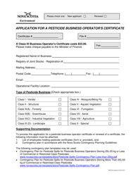 Document preview: Application for a Pesticide Business Operator's Certificate - Nova Scotia, Canada