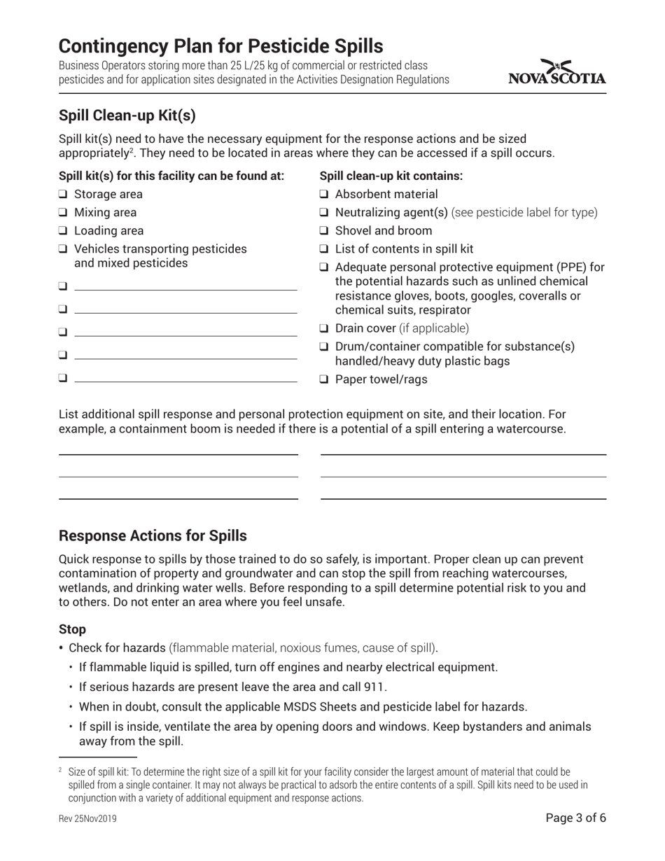 Contingency Plan Template for Pesticide Approvals and for Business Operators Storing More Than 25 L / Kg - Nova Scotia, Canada, Page 3