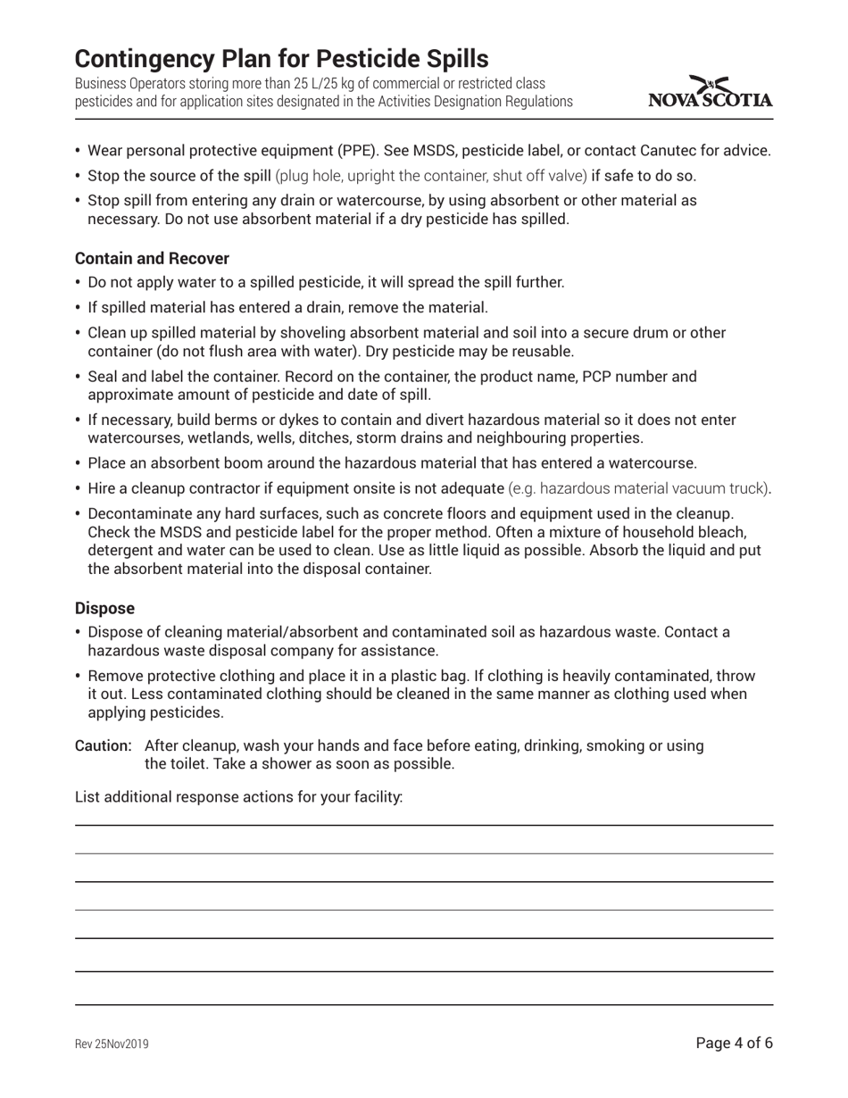 Contingency Plan Template for Pesticide Approvals and for Business Operators Storing More Than 25 L / Kg - Nova Scotia, Canada, Page 4