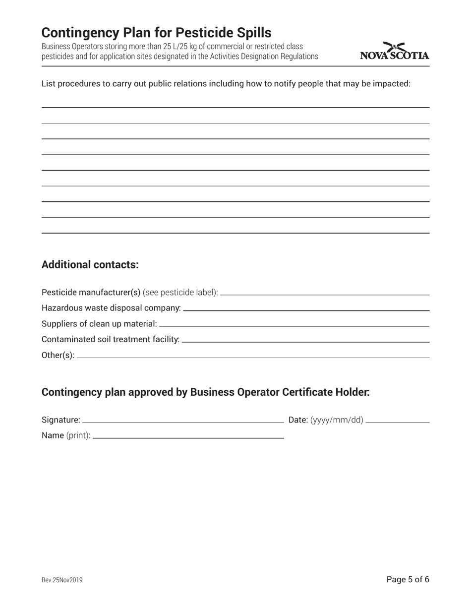 Contingency Plan Template for Pesticide Approvals and for Business Operators Storing More Than 25 L / Kg - Nova Scotia, Canada, Page 5