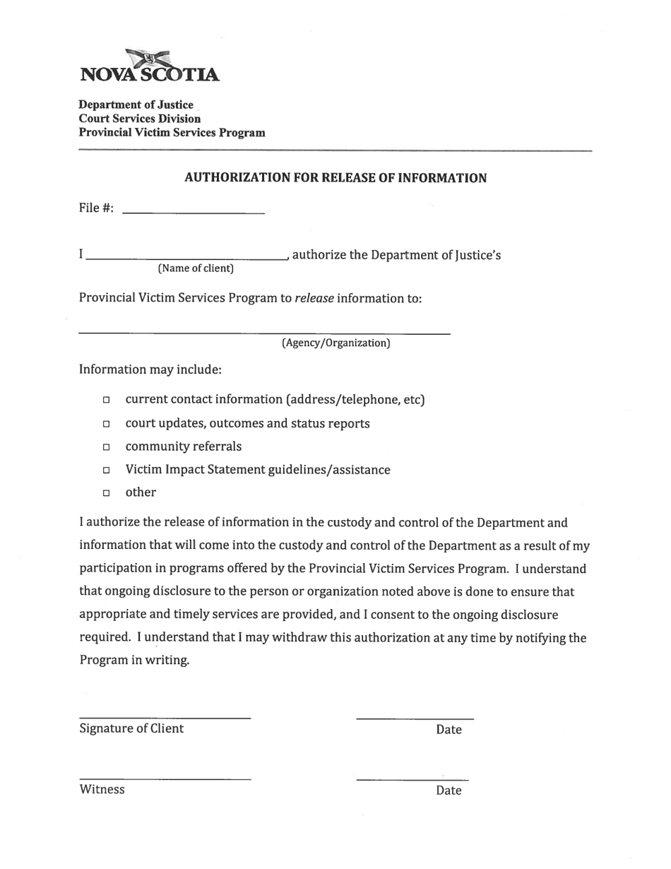 Authorization for Release of Information - Nova Scotia, Canada, Page 1