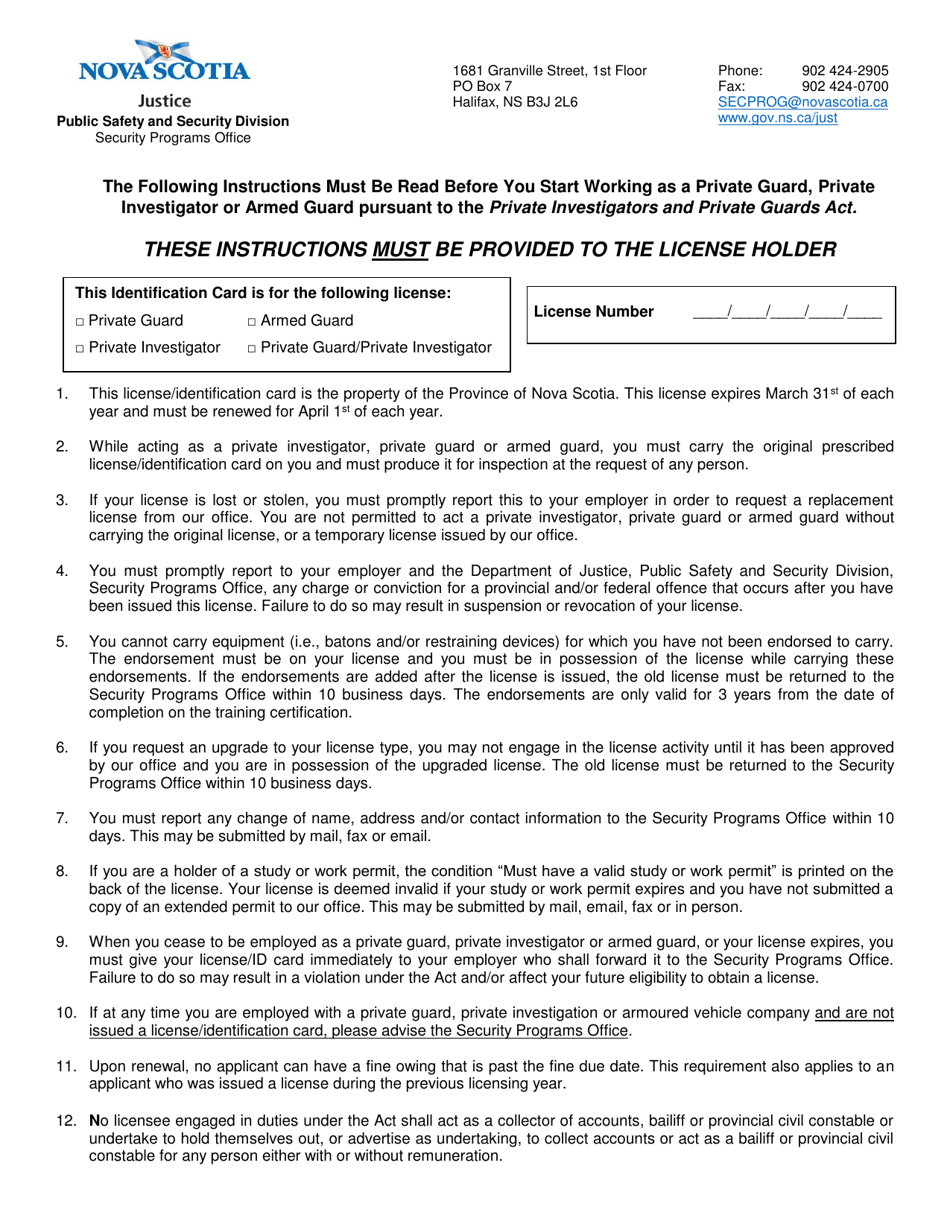 Instructions for Application for Individual License Private Investigator and / or Private Guard - Nova Scotia, Canada, Page 1