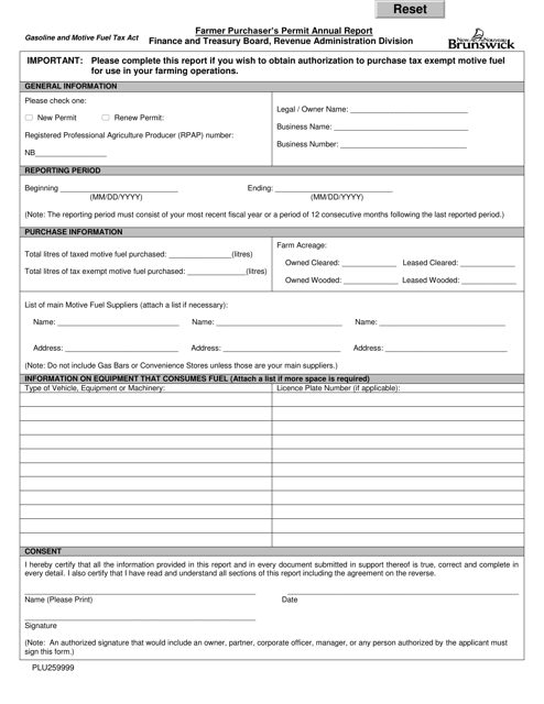 Form PLU259999 Farmer Purchaser's Permit Annual Report - New Brunswick, Canada