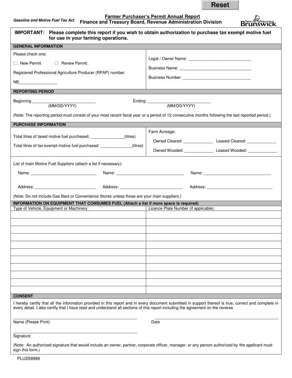 Form PLU259999 Farmer Purchasers Permit Annual Report - New Brunswick, Canada, Page 1