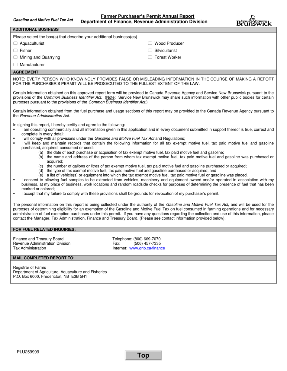 Form PLU259999 Farmer Purchasers Permit Annual Report - New Brunswick, Canada, Page 2