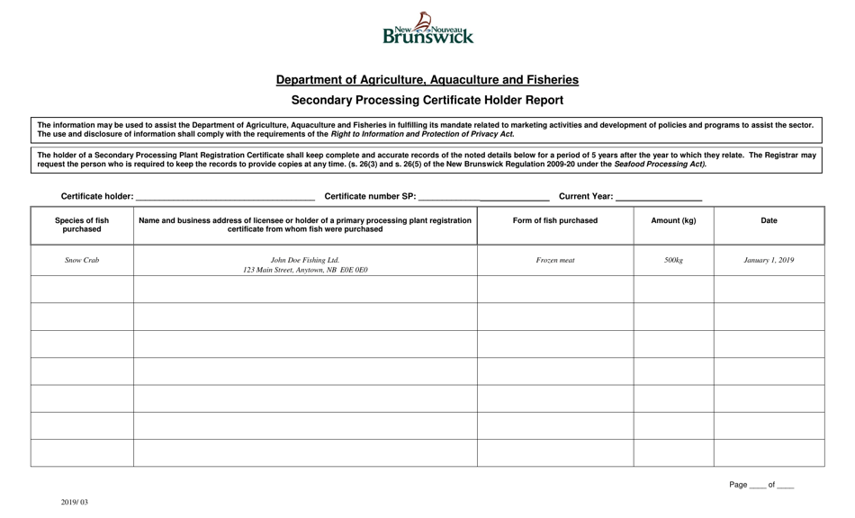 Form C Secondary Processing Certificate Holder Report - New Brunswick, Canada, Page 1