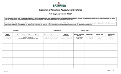 Form D &quot;Fish Buying Licensee Report&quot; - New Brunswick, Canada