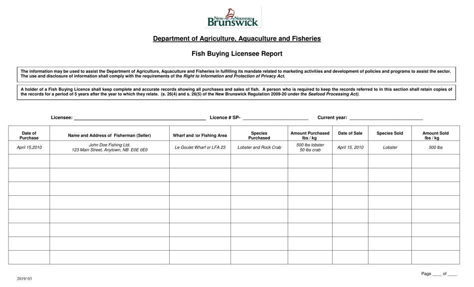 Form D Fish Buying Licensee Report - New Brunswick, Canada, Page 1