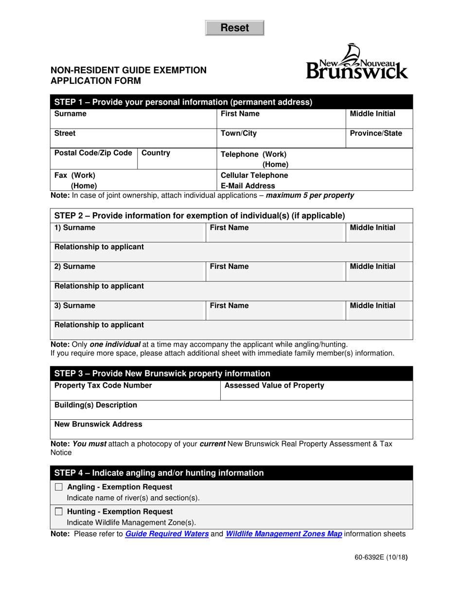 Form 60-6392E Non-resident Guide Exemption Application Form - New Brunswick, Canada, Page 1