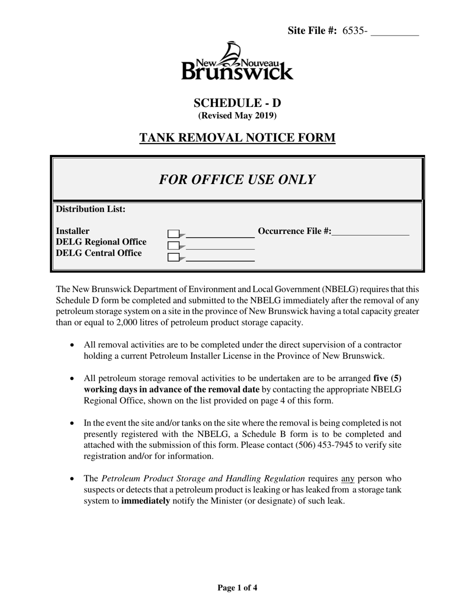 Schedule D Tank Removal Notice Form - New Brunswick, Canada, Page 1
