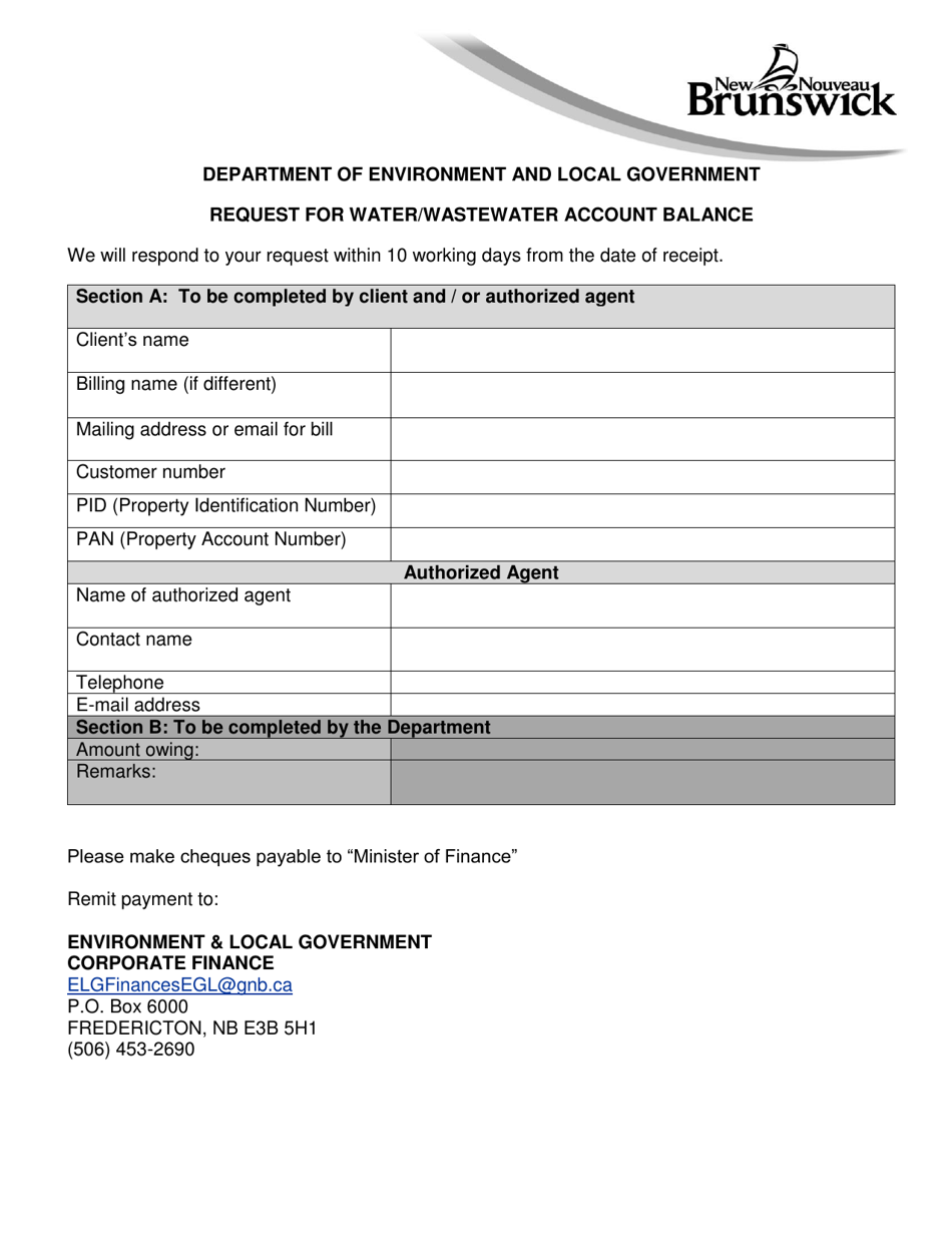 Request for Water / Wastewater Account Balance - New Brunswick, Canada, Page 1