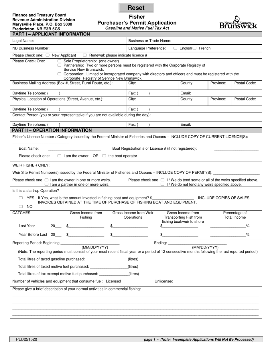 Form PLU251520 Purchasers Permit Application - Fisher - New Brunswick, Canada, Page 1