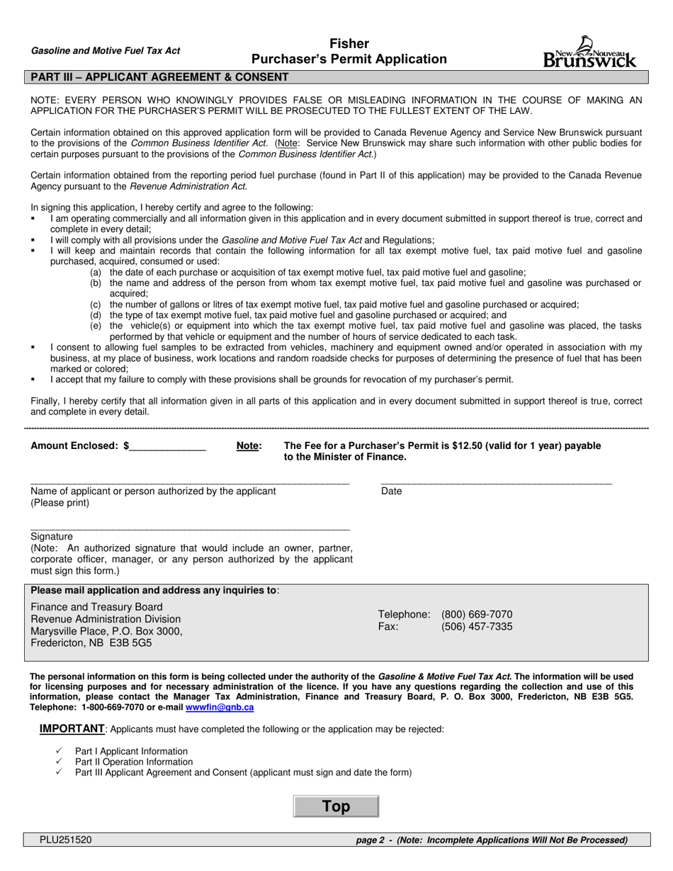 Form PLU251520 Purchasers Permit Application - Fisher - New Brunswick, Canada, Page 2