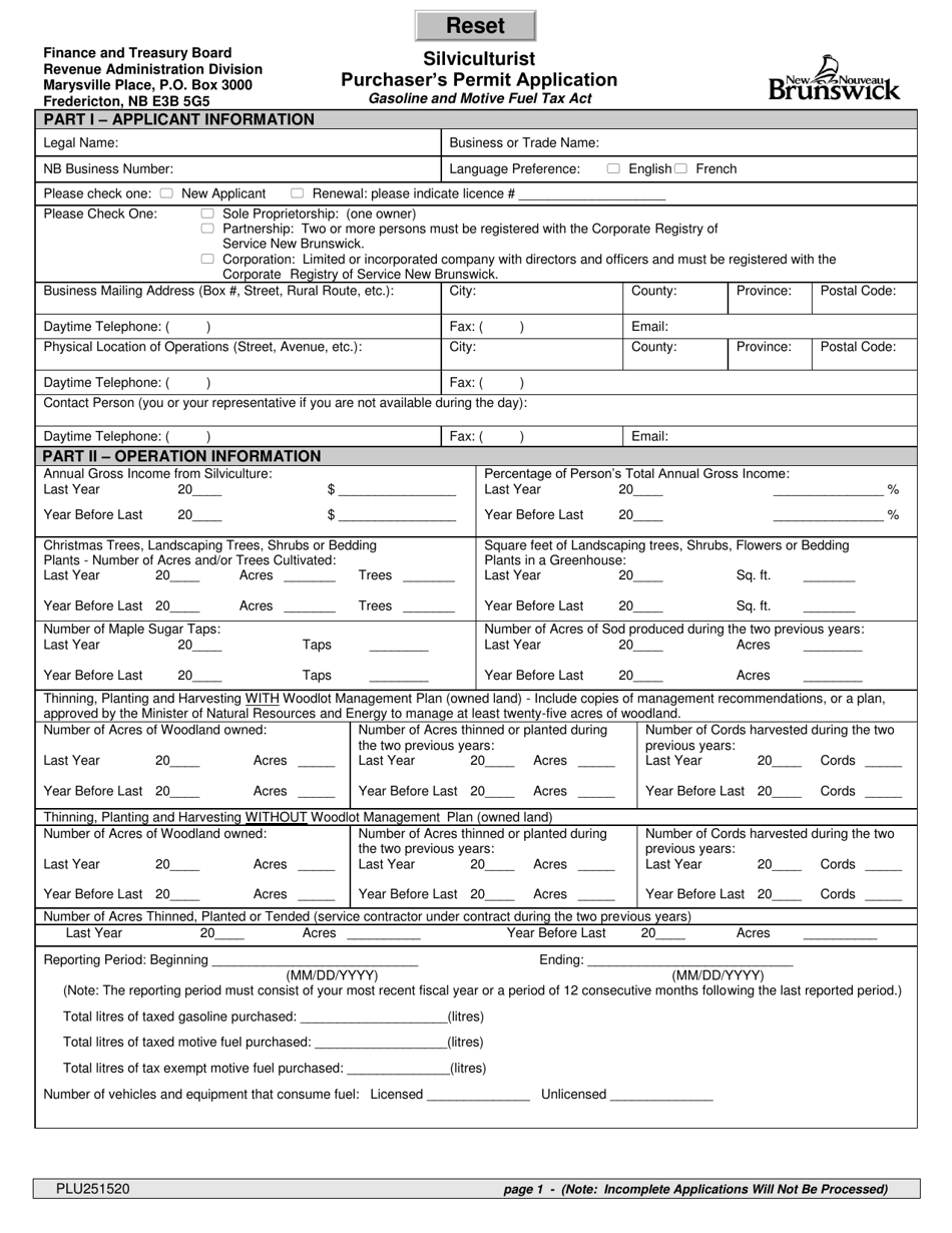 Form PLU251520 Purchasers Permit Application - Silviculturist - New Brunswick, Canada, Page 1