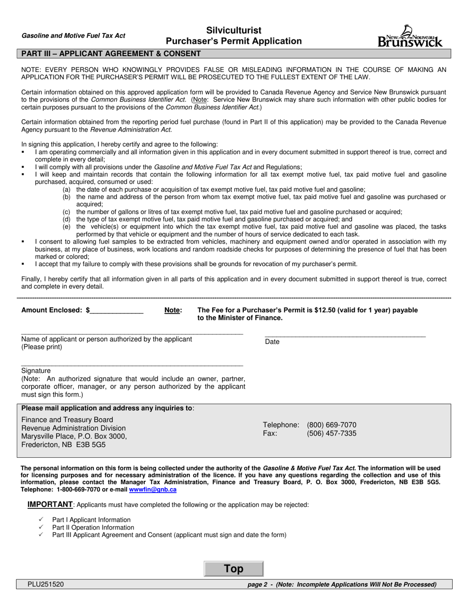 Form PLU251520 Purchasers Permit Application - Silviculturist - New Brunswick, Canada, Page 2