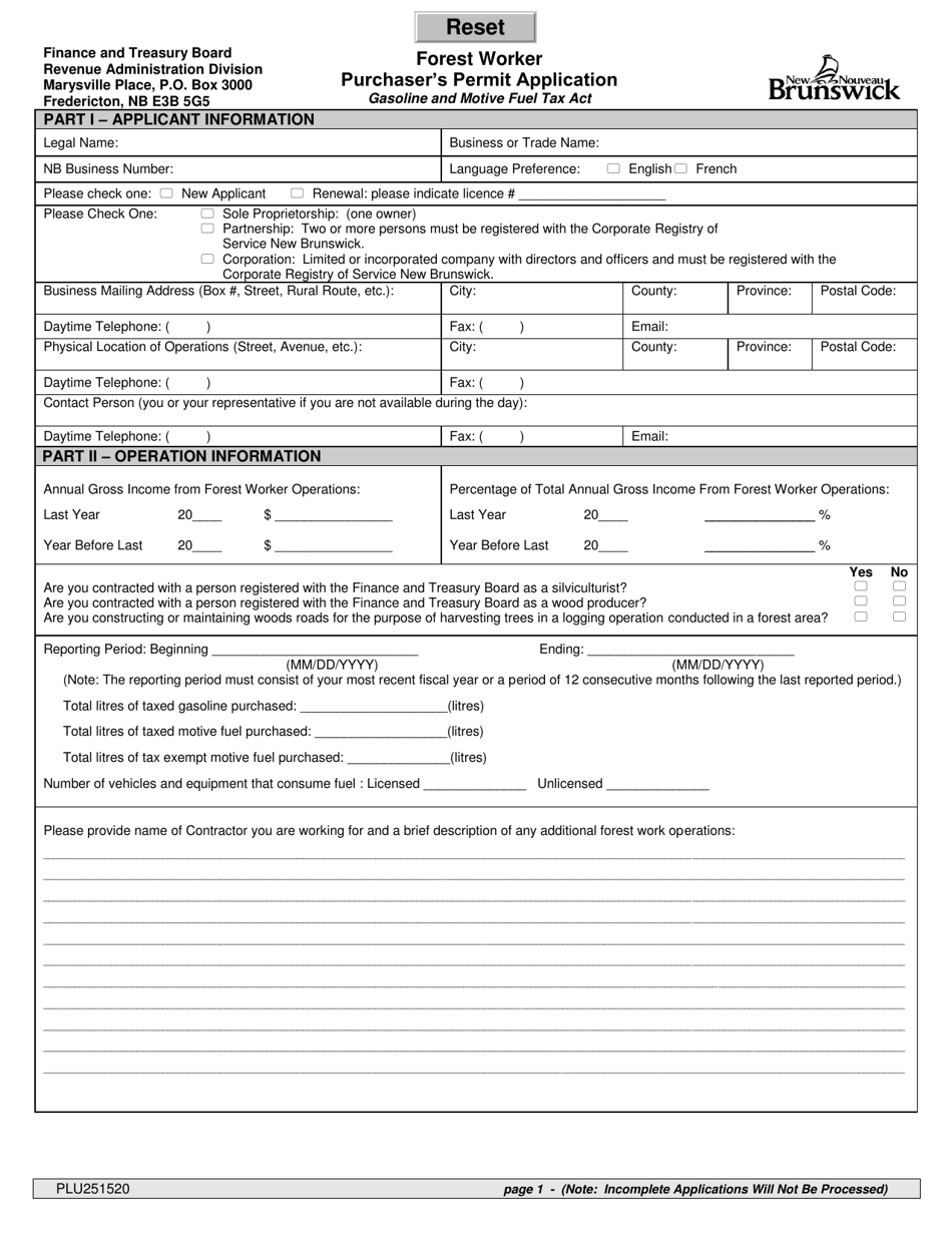 Form PLU251520 Purchasers Permit Application - Forest Worker - New Brunswick, Canada, Page 1