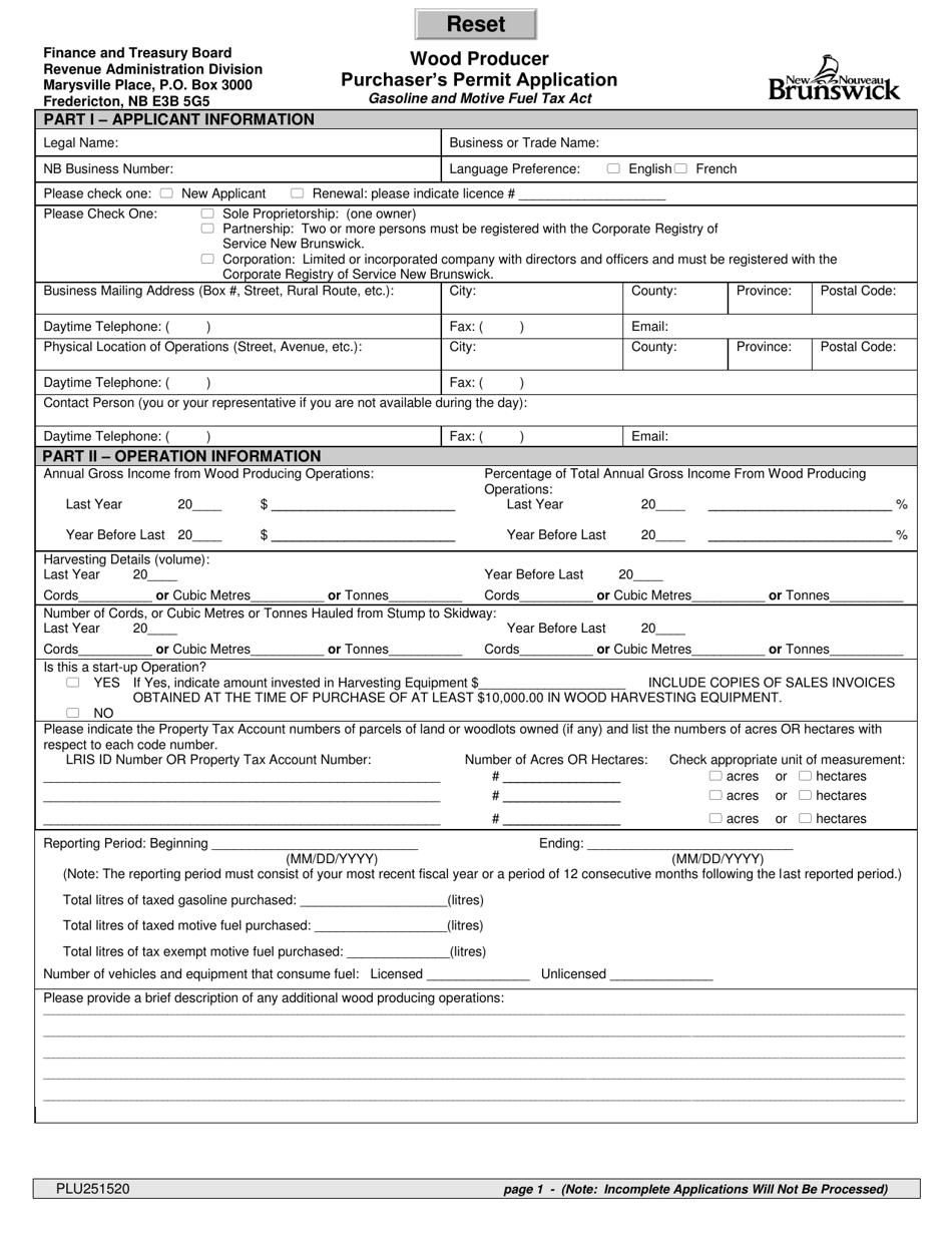 Form PLU251520 Purchasers Permit Application - Wood Producer - New Brunswick, Canada, Page 1