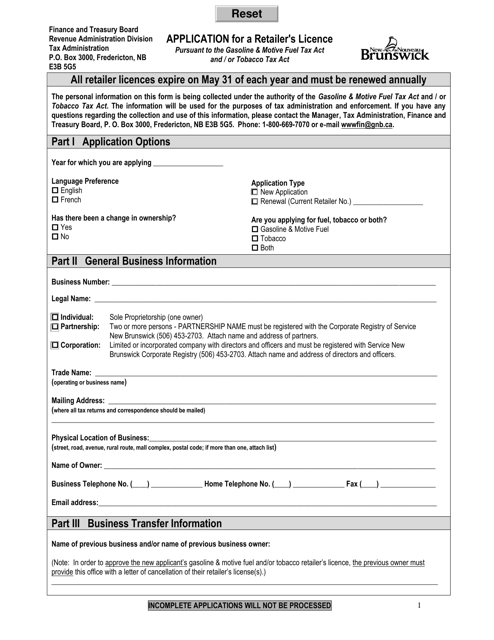 Application for a Tobacco Retailer's Licence - New Brunswick, Canada Download Pdf
