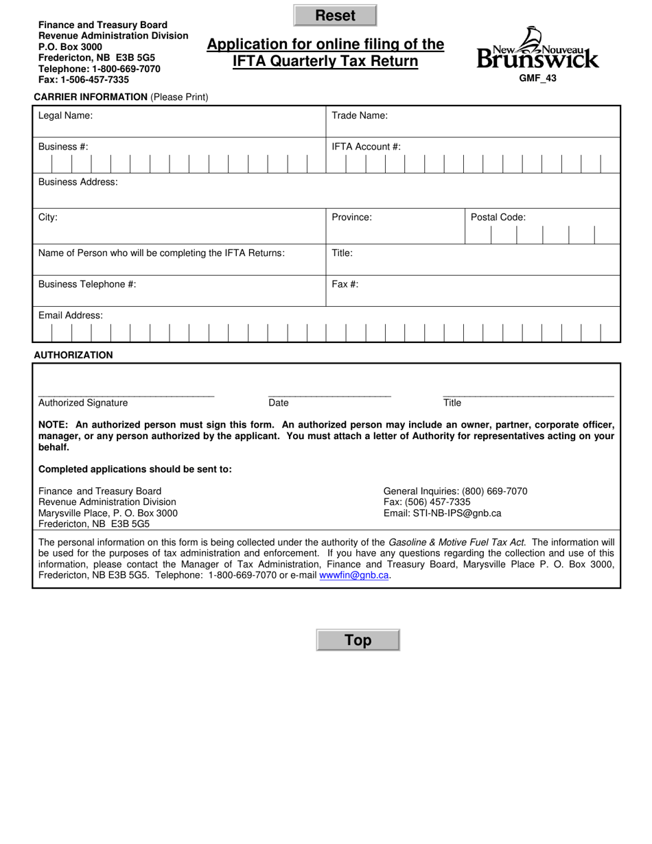 Form GMF_43 Application for Online Filing of the Ifta Quarterly Tax Return - New Brunswick, Canada, Page 1