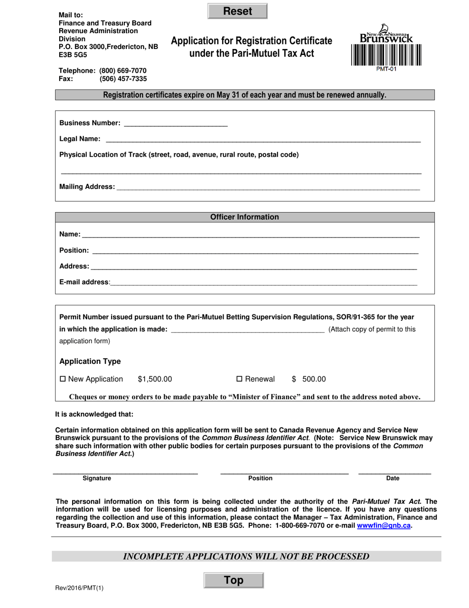 Form PMT-01 Application for Registration Certificate Under the Pari-Mutuel Tax Act - New Brunswick, Canada, Page 1