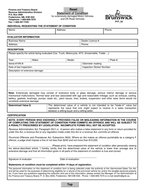 Form PVT_02 Statement of Condition for Extensively Damaged Motor Vehicles and off-Road Vehicles - New Brunswick, Canada