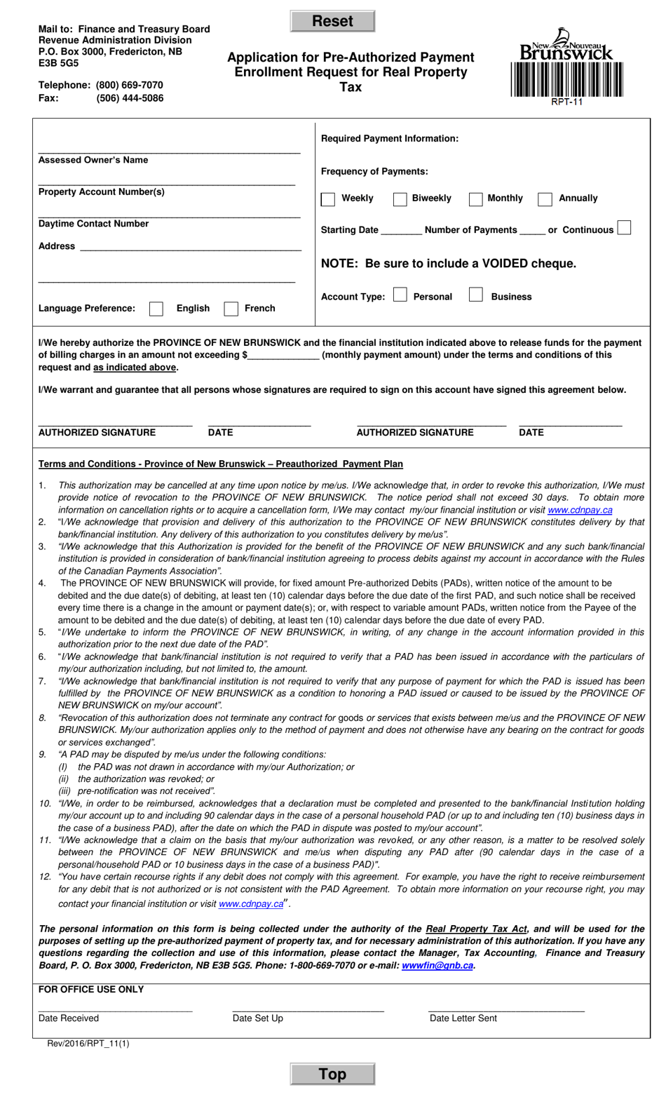 Form RPT-11 Application for Pre-authorized Payment Enrollment Request for Real Property Tax - New Brunswick, Canada, Page 1