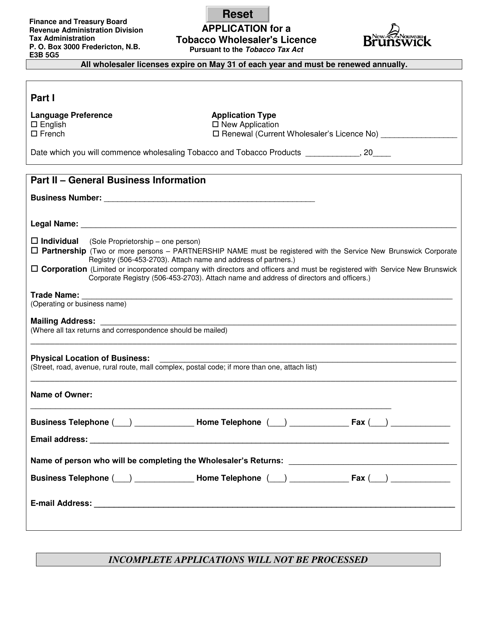 Form TTA-04 Application for a Tobacco Wholesaler's License - New Brunswick, Canada