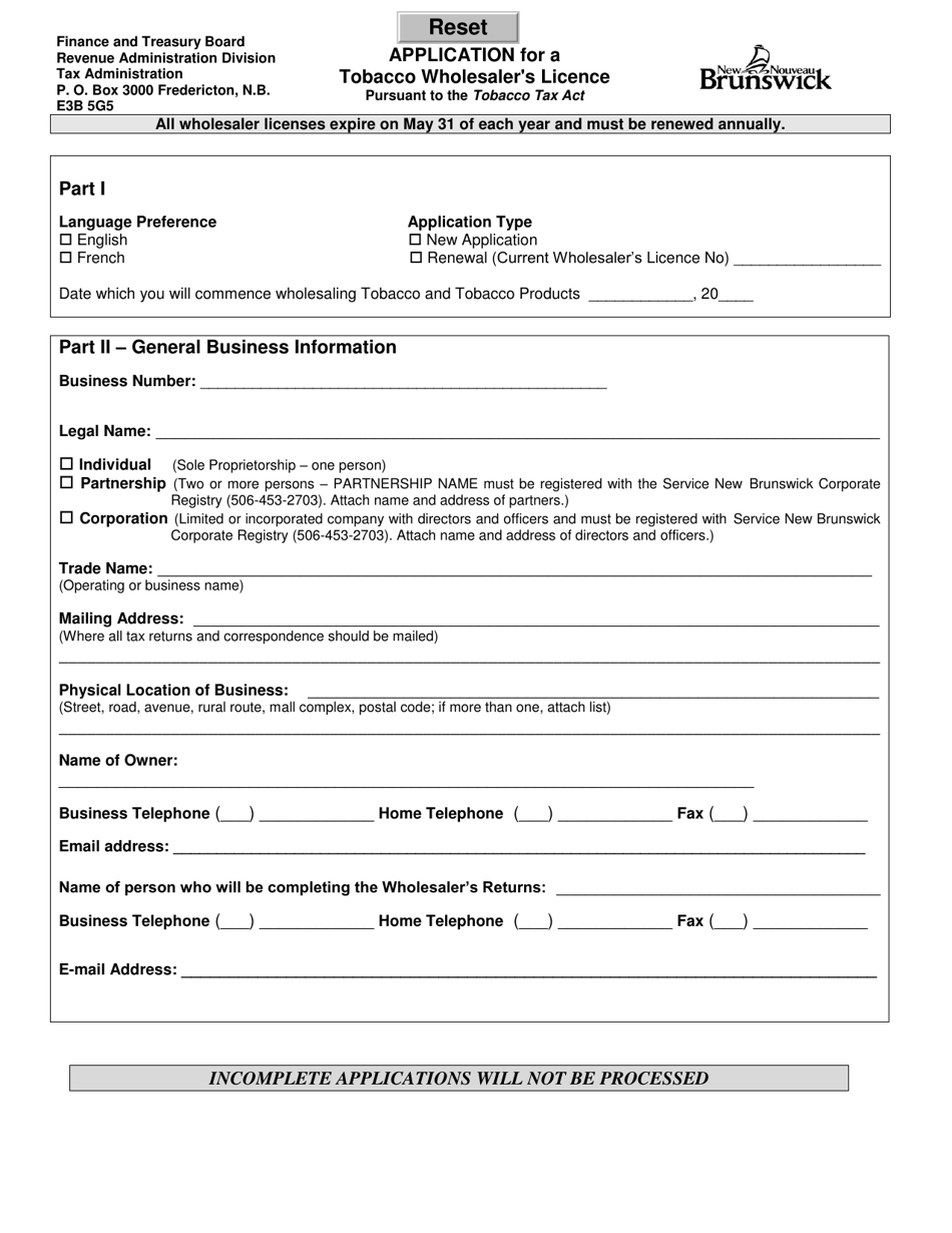 Form TTA-04 Application for a Tobacco Wholesalers License - New Brunswick, Canada, Page 1