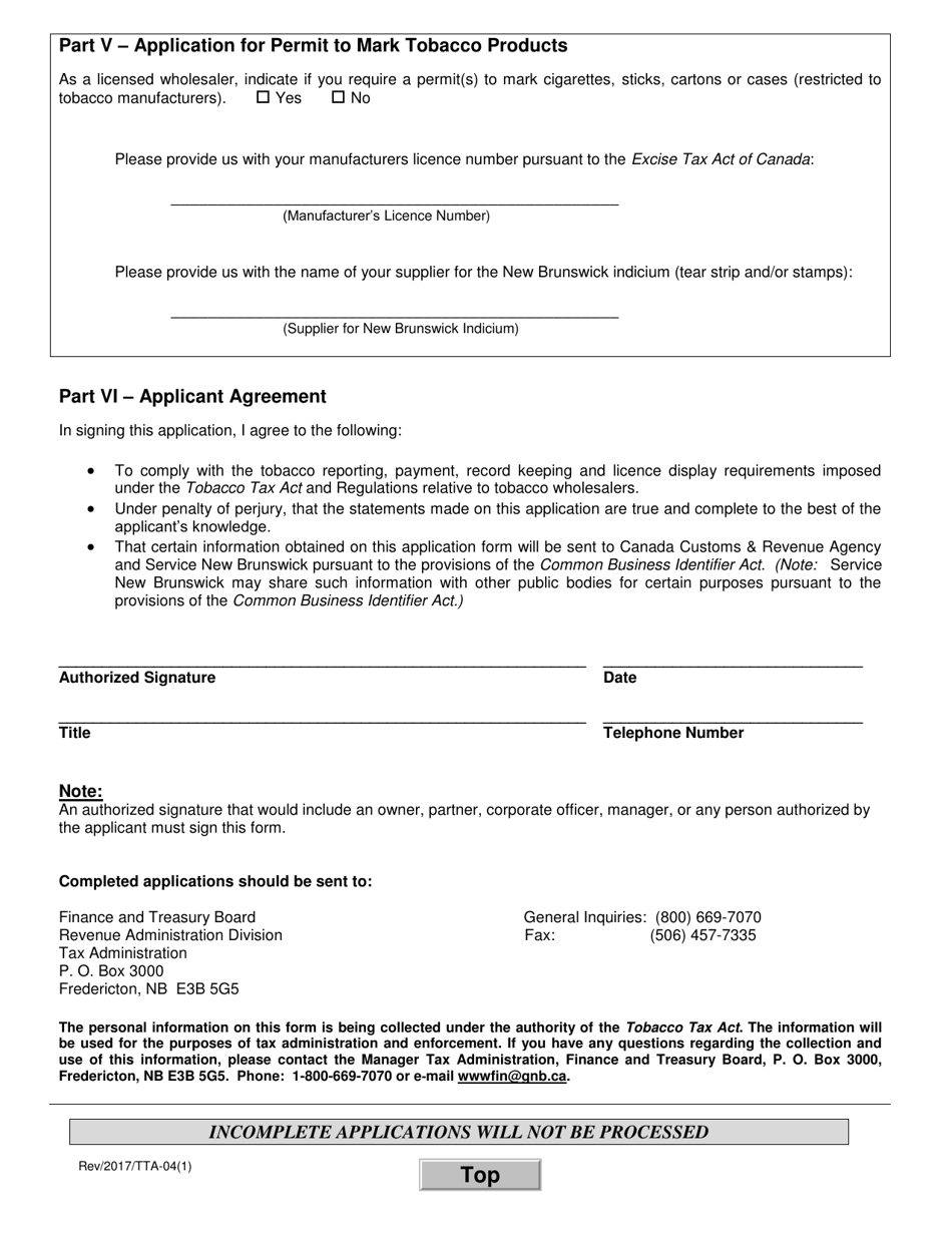 Form TTA-04 Application for a Tobacco Wholesalers License - New Brunswick, Canada, Page 3