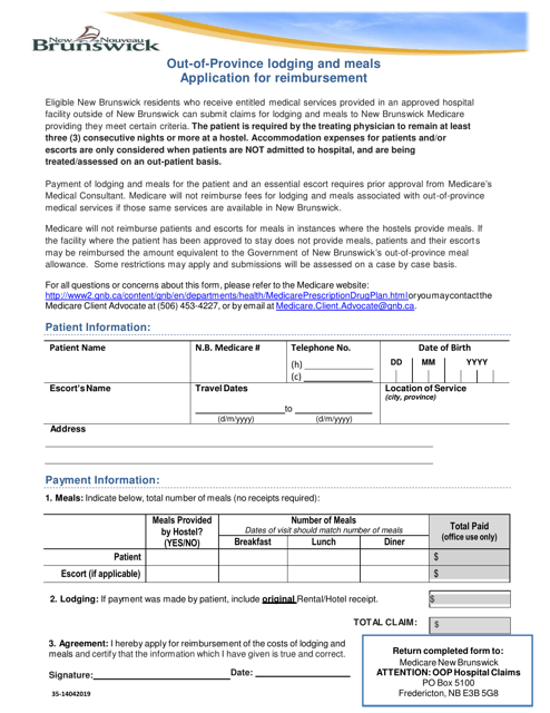 Out-Of-Province Lodging and Meals Application for Reimbursement - New Brunswick, Canada Download Pdf