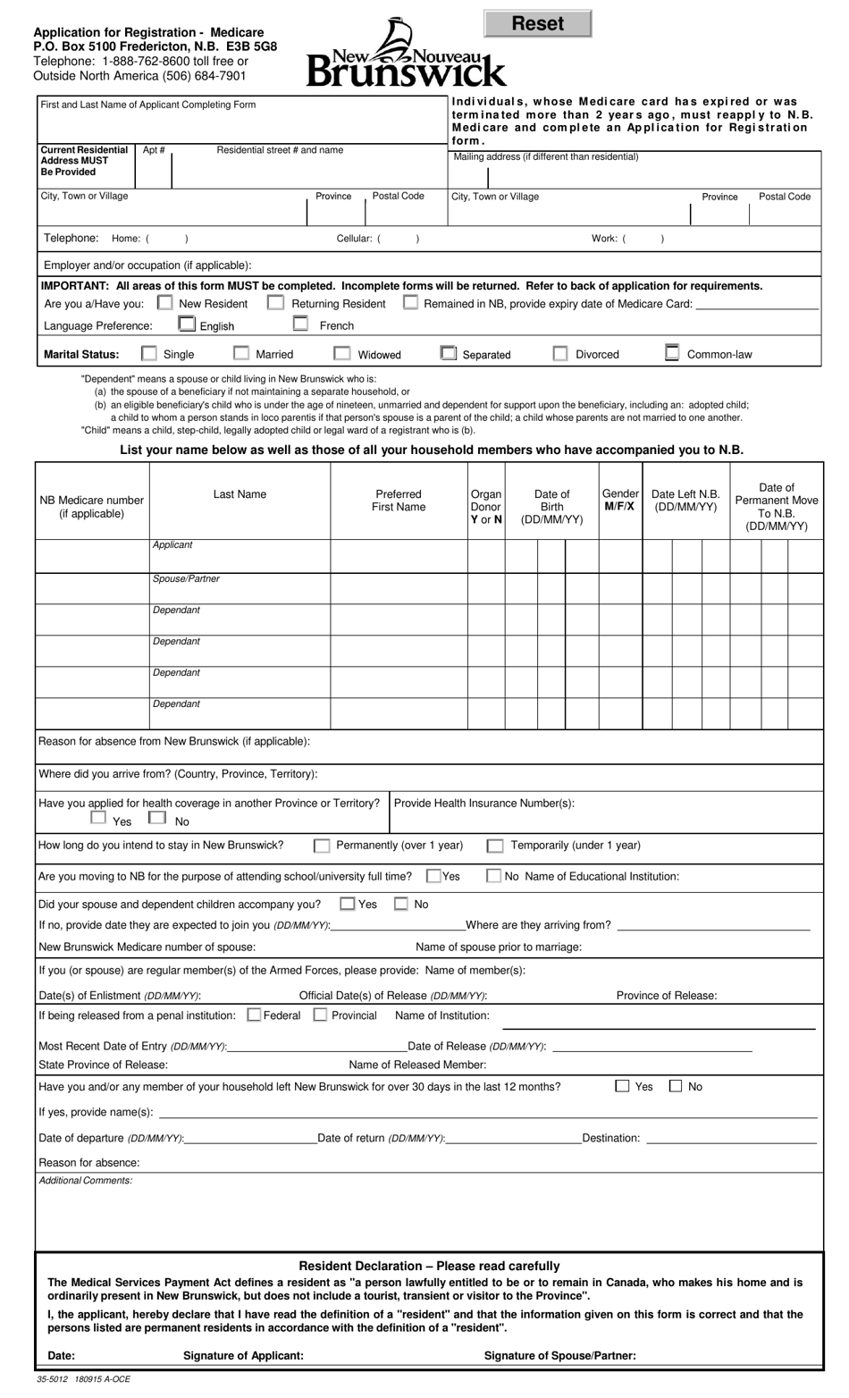 Form 35-5012 Application for Registration - Medicare - New Brunswick, Canada, Page 1