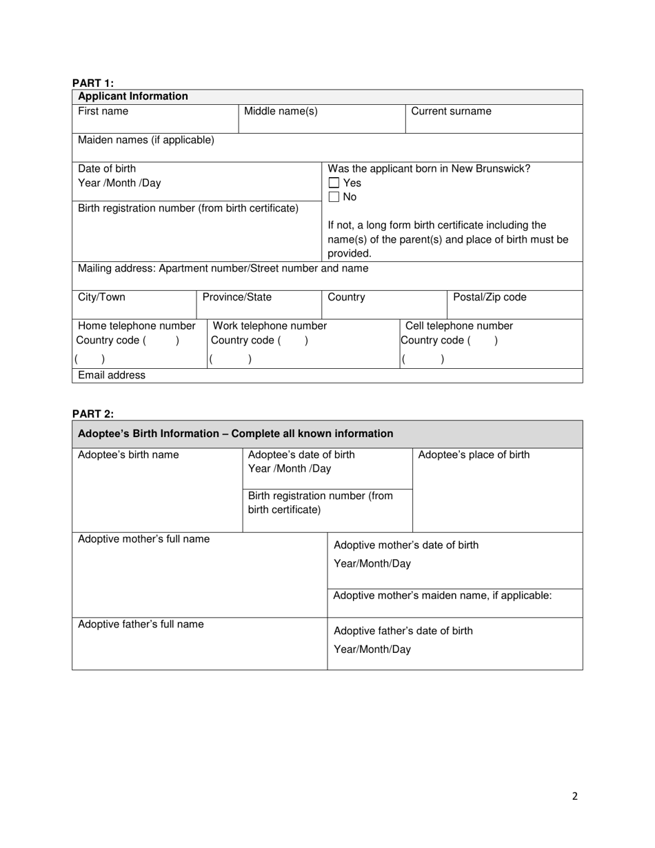 Application for Statement of Original Registration of Birth by the Adult Child of a Deceased Adoptee - New Brunswick, Canada, Page 2
