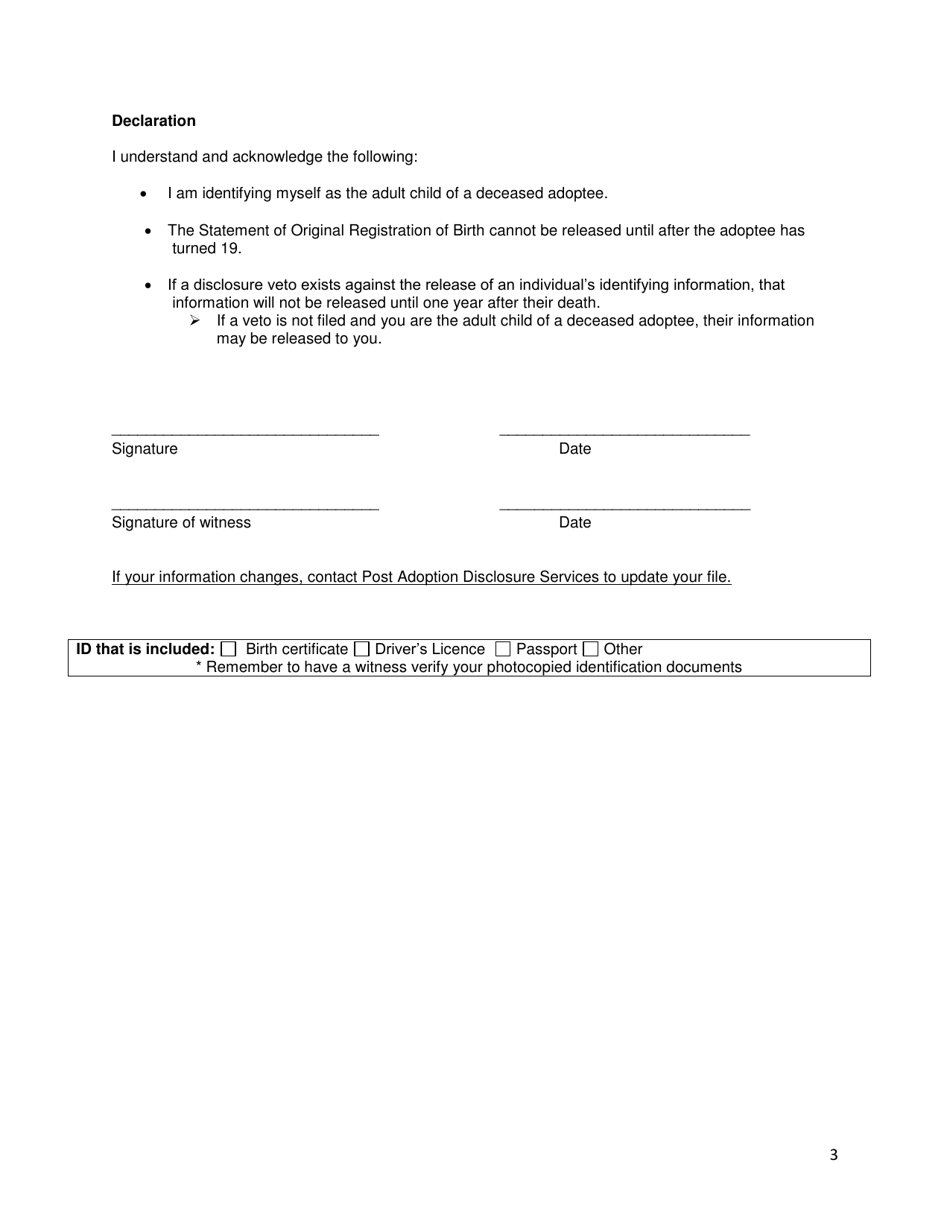 Application for Statement of Original Registration of Birth by the Adult Child of a Deceased Adoptee - New Brunswick, Canada, Page 3