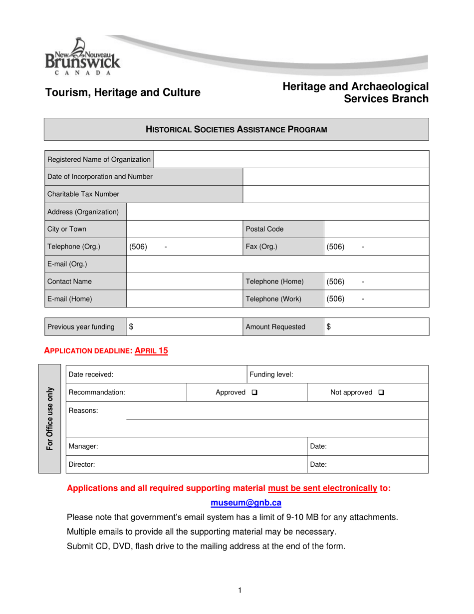 Historical Societies Assistance Program Application Form - New Brunswick, Canada, Page 1
