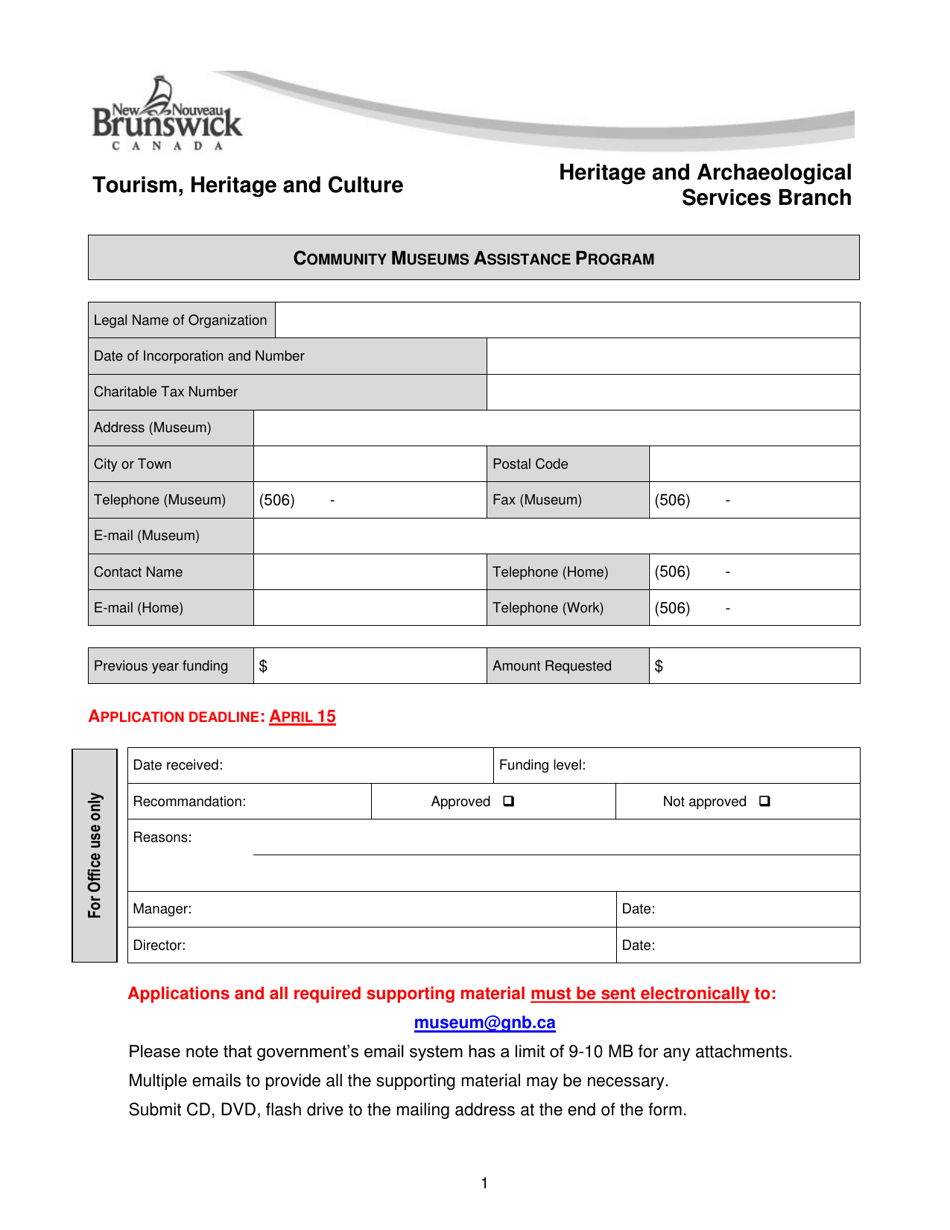 Community Museums Assistance Program Application Form - New Brunswick, Canada, Page 1