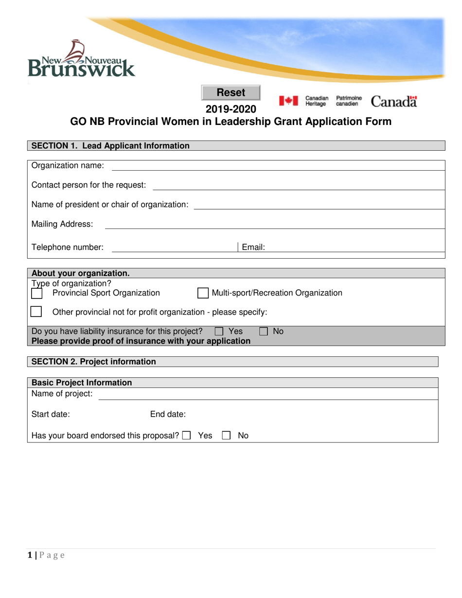 Go Nb Provincial Women in Leadership Grant Application Form - New Brunswick, Canada, Page 1