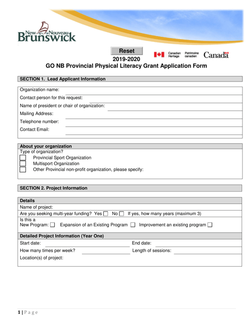 Go Nb Provincial Physical Literacy Grant Application Form - New Brunswick, Canada, 2020