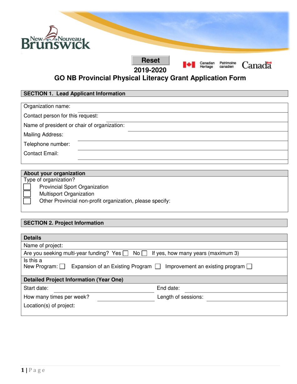 Go Nb Provincial Physical Literacy Grant Application Form - New Brunswick, Canada, Page 1