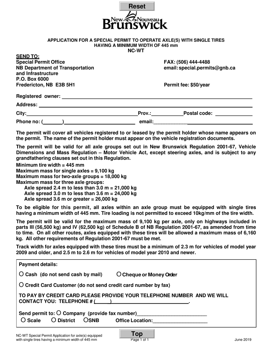 Form NC-WT Application for a Special Permit to Operate Axle(S) With Single Tires Having a Minimum Width of 445 Mm - New Brunswick, Canada, Page 1