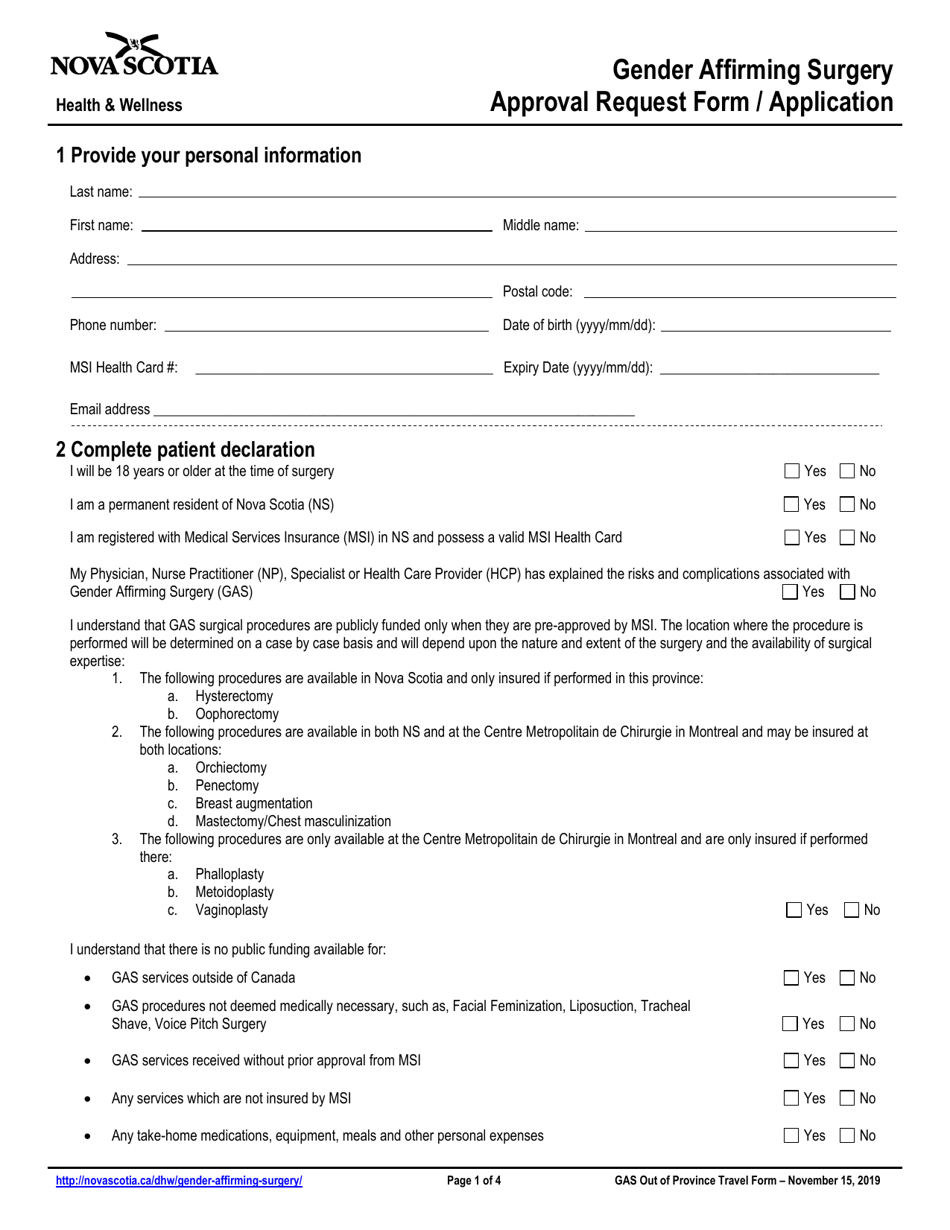Gender Affirming Surgery Approval Request Form / Application - Nova Scotia, Canada, Page 1